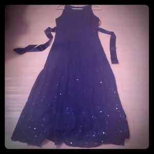 Tahari Deep Navy Sleeveless Sequin Tie Sash Gown